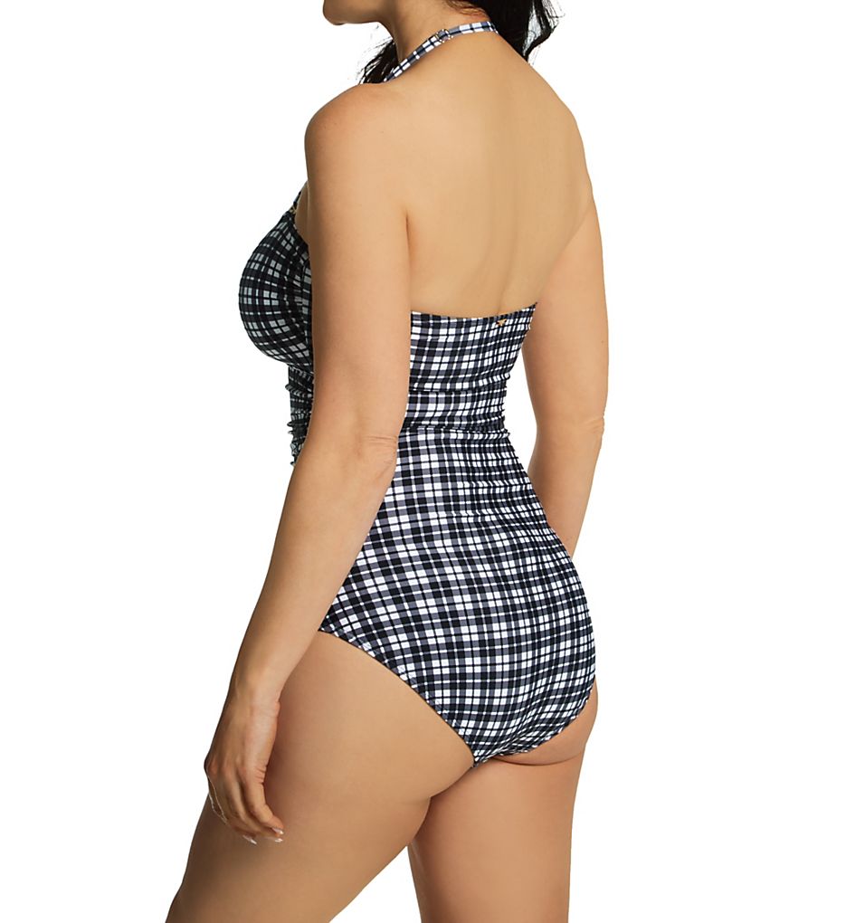  Plaid Bandeau Shirred Keyhole One Piece Swimsuit
