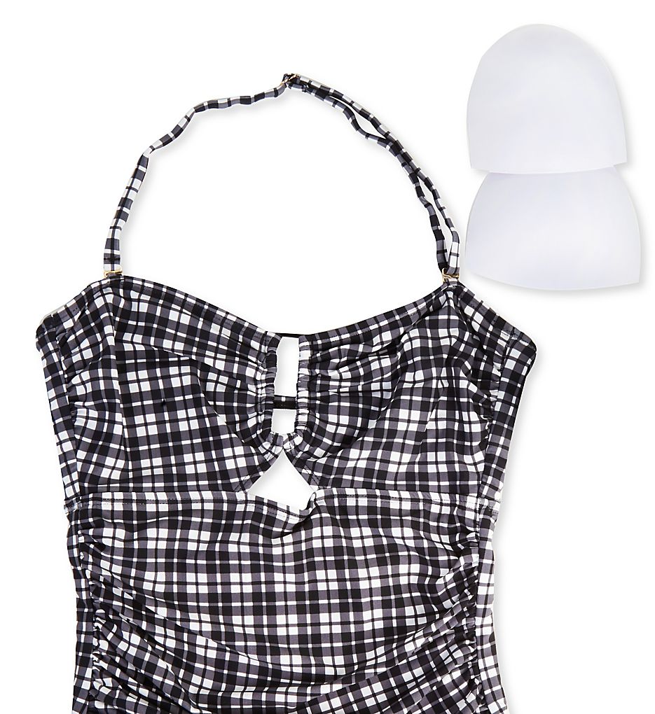  Plaid Bandeau Shirred Keyhole One Piece Swimsuit