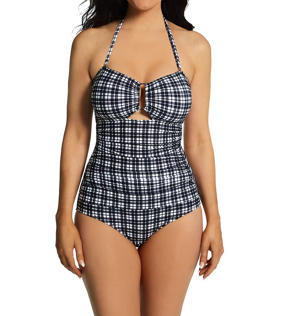  Plaid Bandeau Shirred Keyhole One Piece Swimsuit