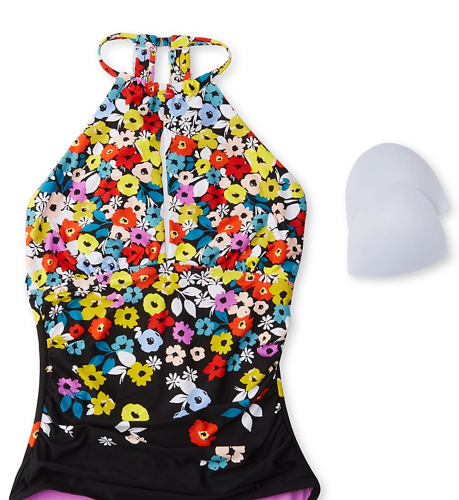  Flower Field Print Key Hole High Neck Swimsuit
