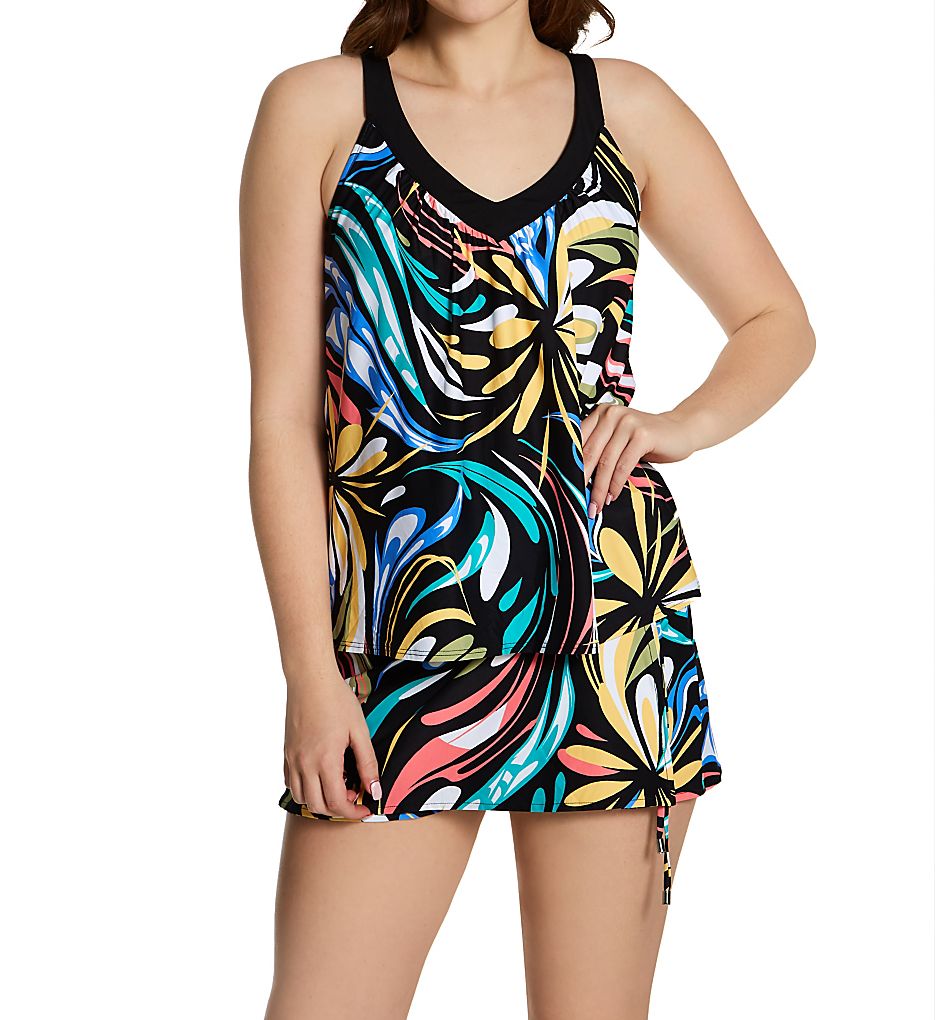  Retro Swirl V-Neck Bra Sized Tankini Swim Top